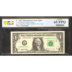 $1 1995 Green seal. Small Size $1 Federal Reserve Notes 1922-K