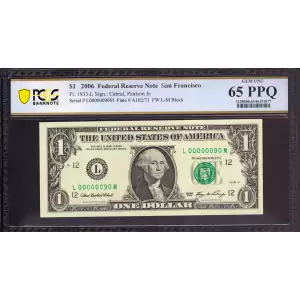 $1 2006 Green seal. Small Size $1 Federal Reserve Notes 1933-L