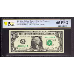 $1 2006 Green seal. Small Size $1 Federal Reserve Notes 1933-L