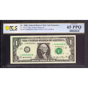 $1 2006 Green seal. Small Size $1 Federal Reserve Notes 1933-L