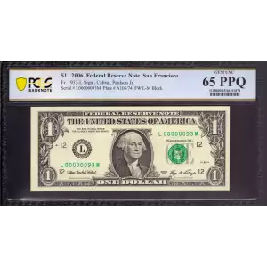 $1 2006 Green seal. Small Size $1 Federal Reserve Notes 1933-L
