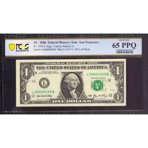 $1 2006 Green seal. Small Size $1 Federal Reserve Notes 1933-L