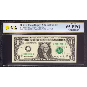 $1 2006 Green seal. Small Size $1 Federal Reserve Notes 1933-L