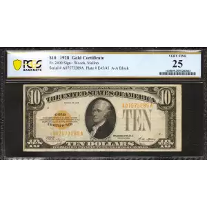 $10 1928 Gold Seal Small Size Gold Certificates 2400