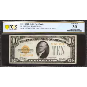 $10 1928 Gold Seal Small Size Gold Certificates 2400