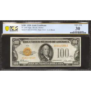 $100 1928 gold seal. Small Size Gold Certificates 2405