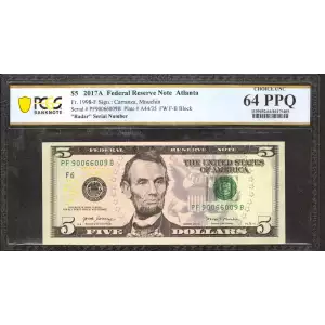 2017 A $5 FEDERAL RESERVE NOTE ATLANTA FC BLOCK 