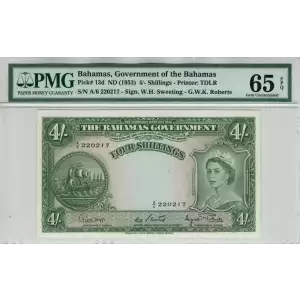 4 Shillings ND (1953), 1953 Issue a. Center signature H. R. Latreille, Basil Burnside at right Bahamas 13