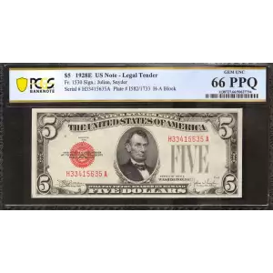 $5 1928-E red seal. Small Legal Tender Notes 1530