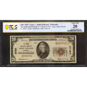 $20 1929 small brown seal. Small National Bank Notes 1802-1