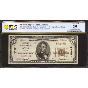 $5 1929 Small brown seal Small National Bank Notes 1800-1